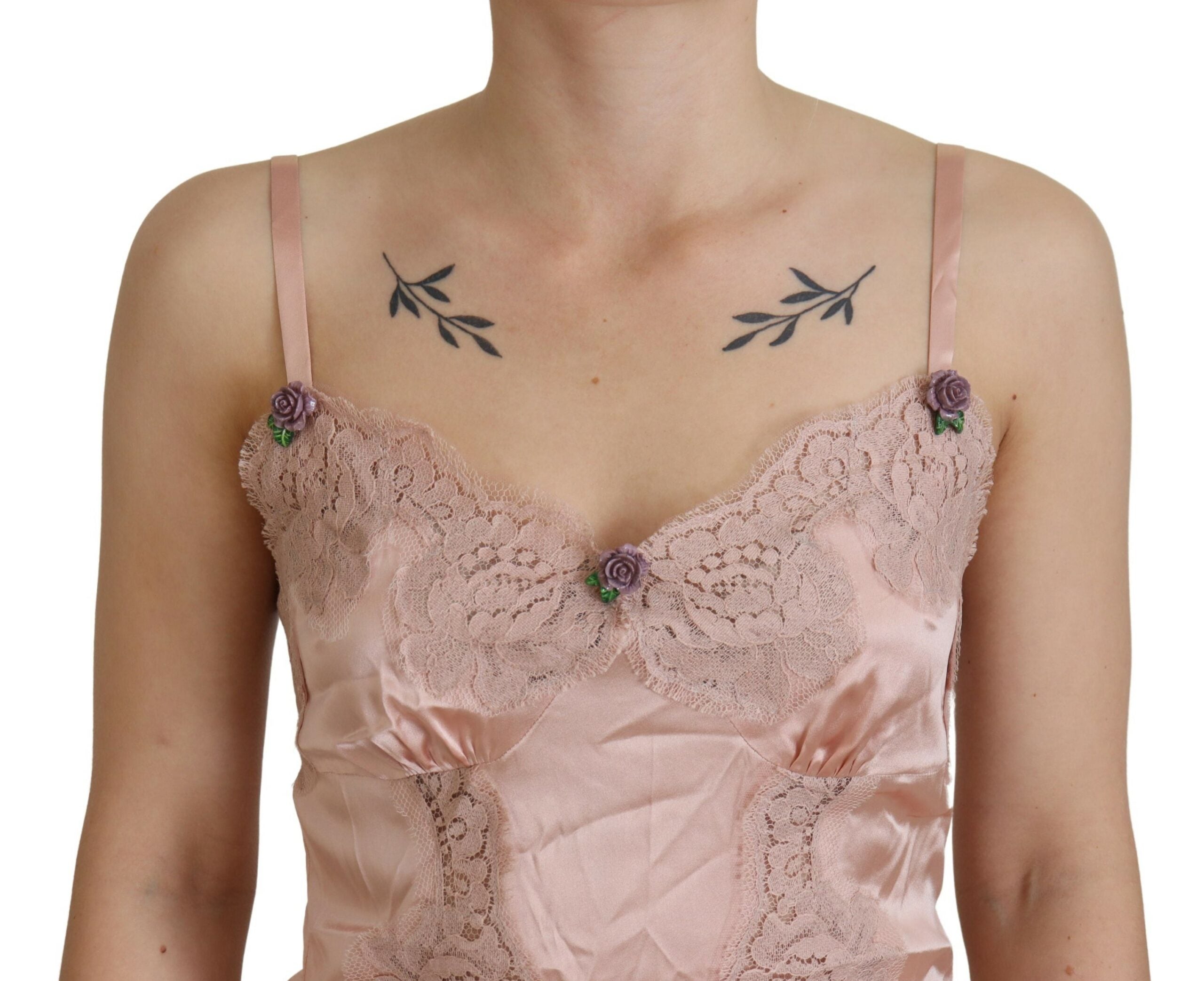 Pink satin lace roses tank top lingerie by Dolce & Gabbana, featuring delicate lace details and a smooth satin finish.
