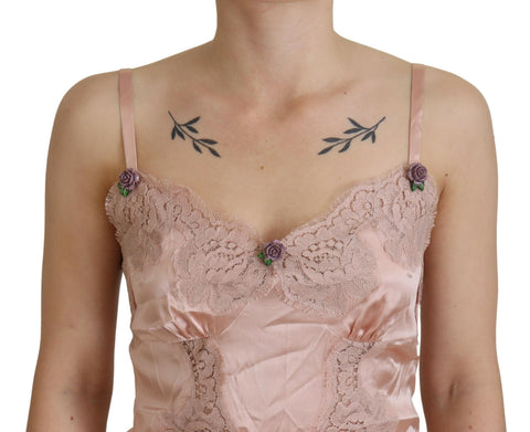Pink satin lace roses tank top lingerie by Dolce & Gabbana, featuring delicate lace details and a smooth satin finish.