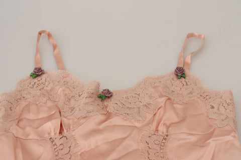 Pink satin lace roses tank top lingerie from Dolce & Gabbana, featuring delicate floral lace details and smooth satin fabric.