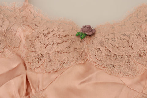 Pink satin lace roses tank top lingerie from Dolce & Gabbana, featuring delicate floral lace details and smooth satin fabric.