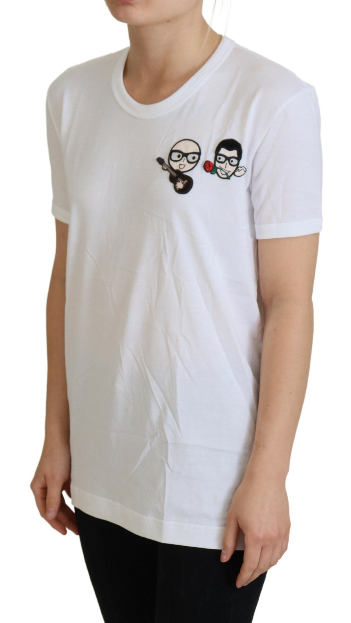 White Dolce & Gabbana #dgfamily crewneck cotton T-shirt displayed on a hanger, showing the soft fabric and classic fit.