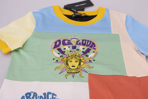 Multicolor cotton DG Love patchwork fabric by Dolce & Gabbana, showing vibrant, stitched patch design on soft cotton material.