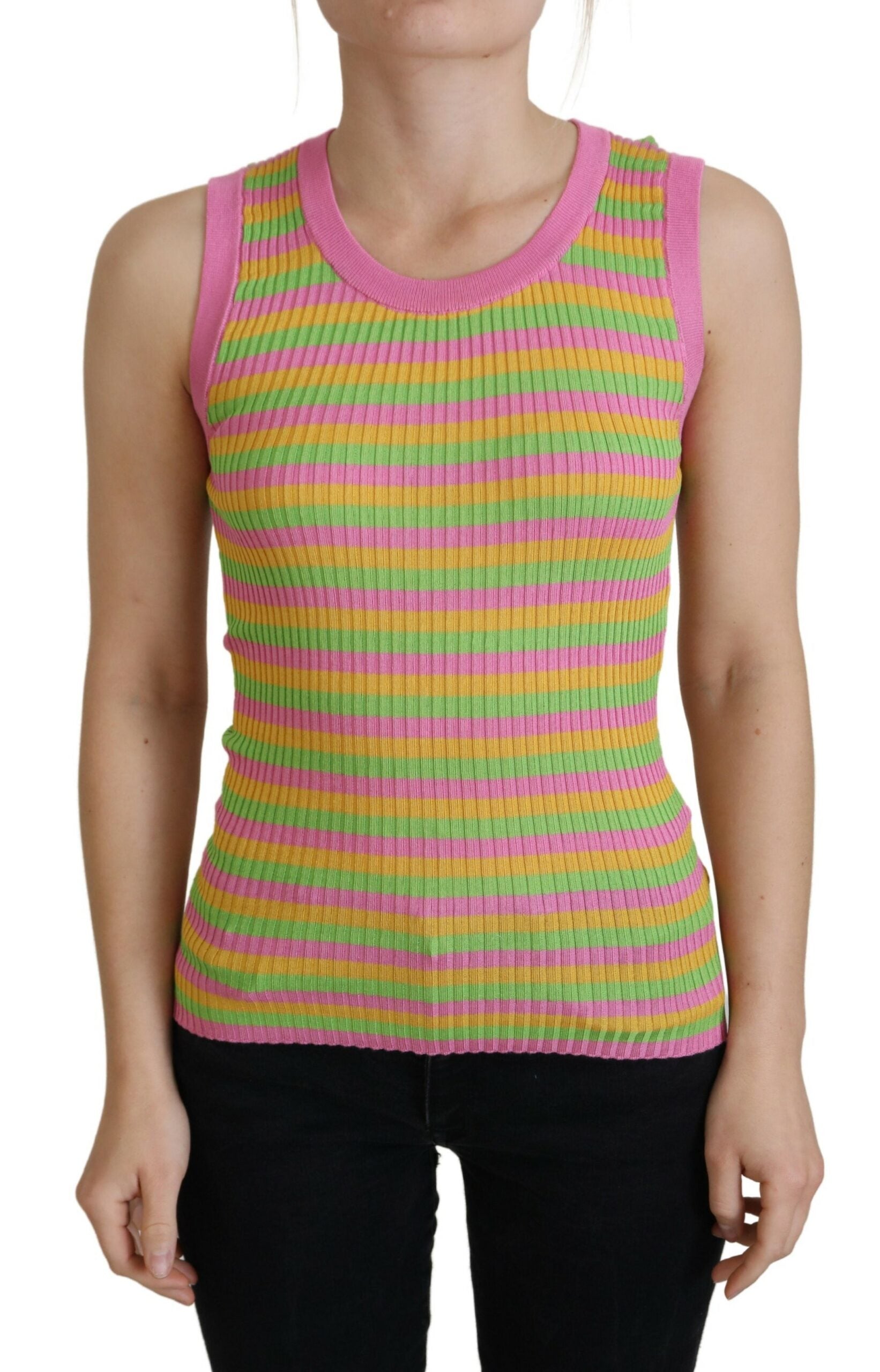 Multicolor silk vest pullover tank top by Dolce & Gabbana, featuring vibrant pattern and sleeveless design on a white background.