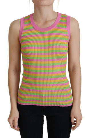 Multicolor silk vest pullover tank top by Dolce & Gabbana, featuring vibrant pattern and sleeveless design on a white background.