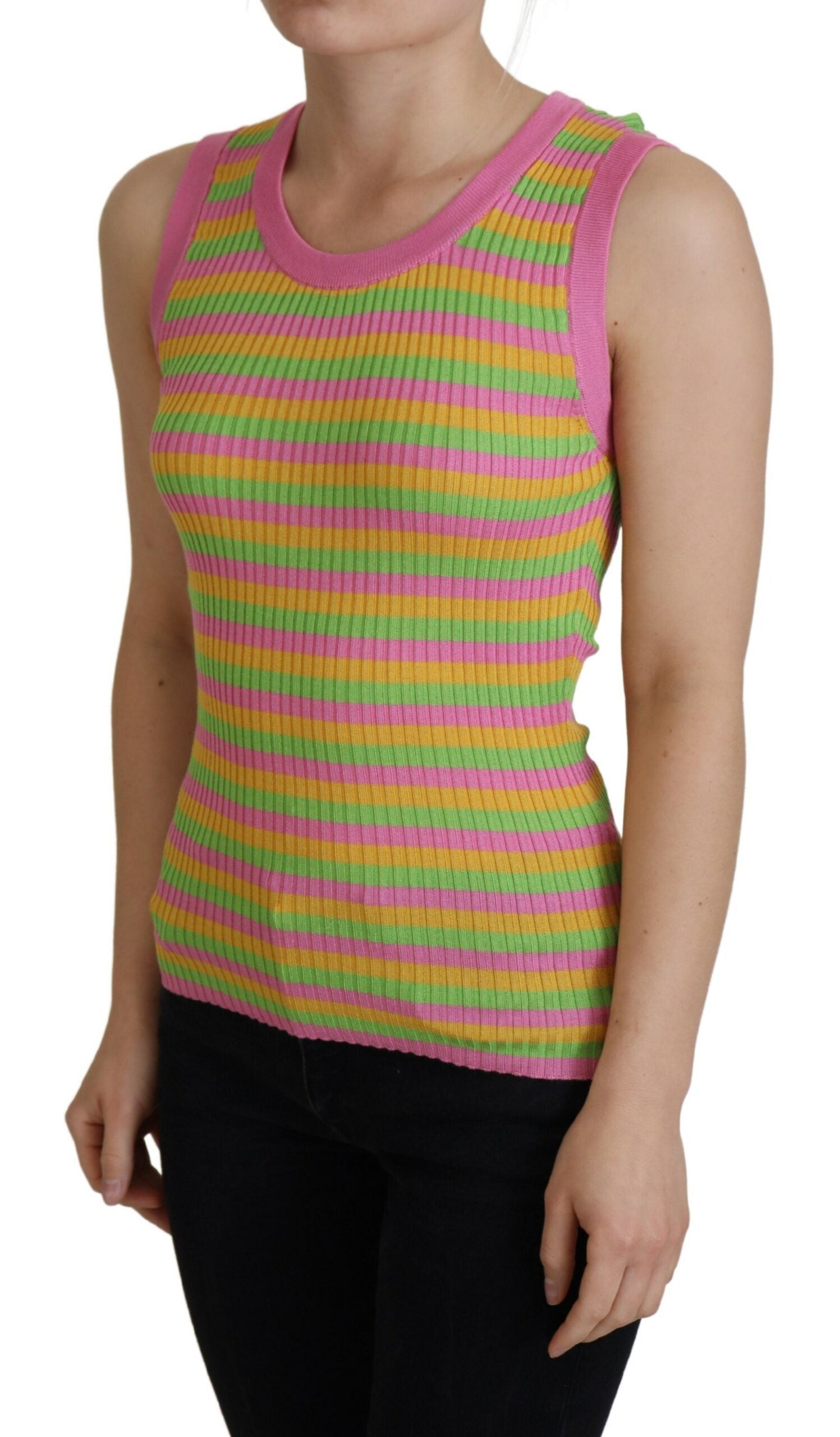 Multicolor silk vest pullover tank top by Dolce & Gabbana featuring vibrant, smooth silk fabric and a sleeveless design.