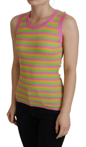 Multicolor silk vest pullover tank top by Dolce & Gabbana featuring vibrant, smooth silk fabric and a sleeveless design.