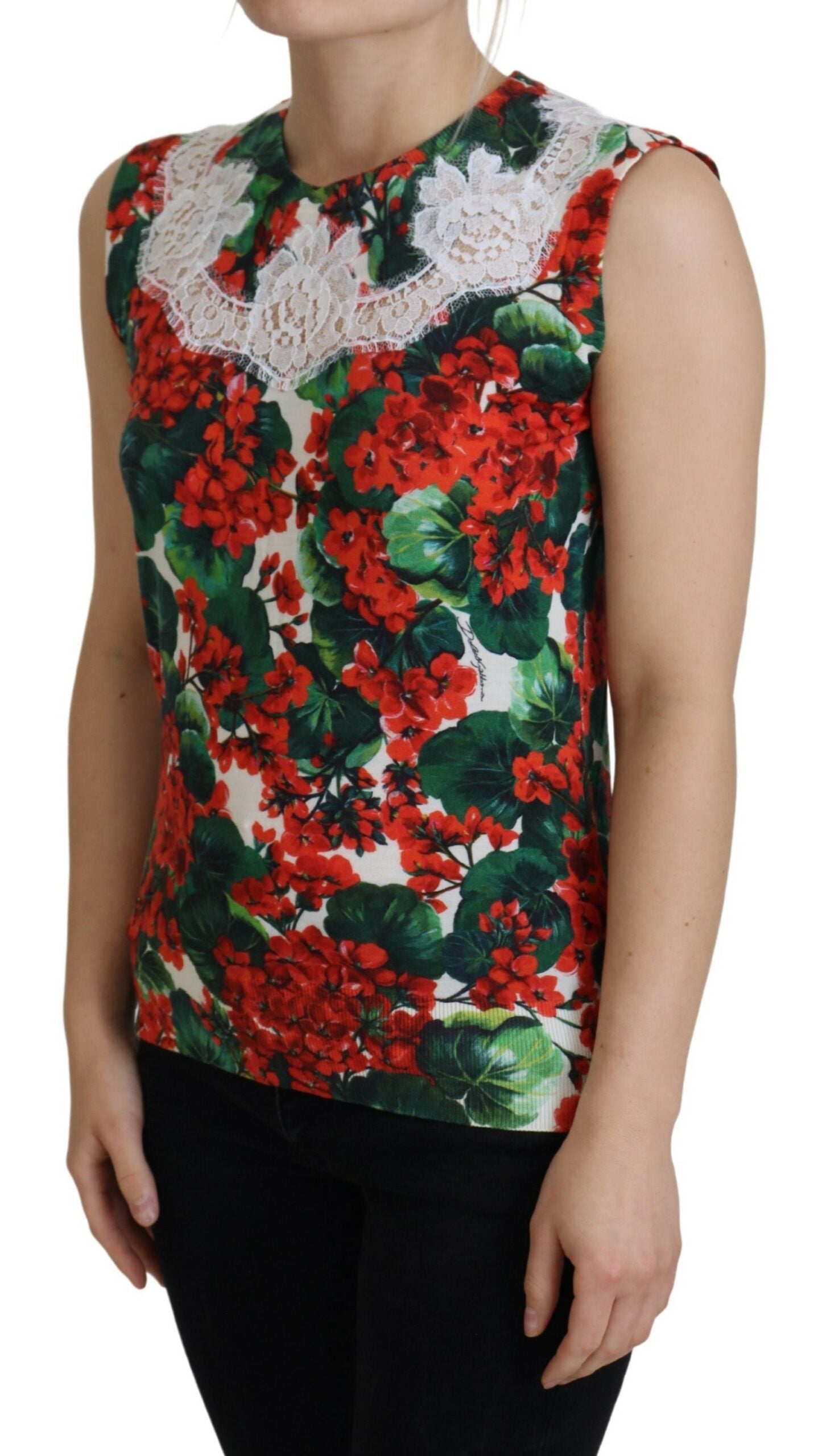White floral wool lace vest tank top by Dolce & Gabbana with intricate lace detailing and floral embroidery.