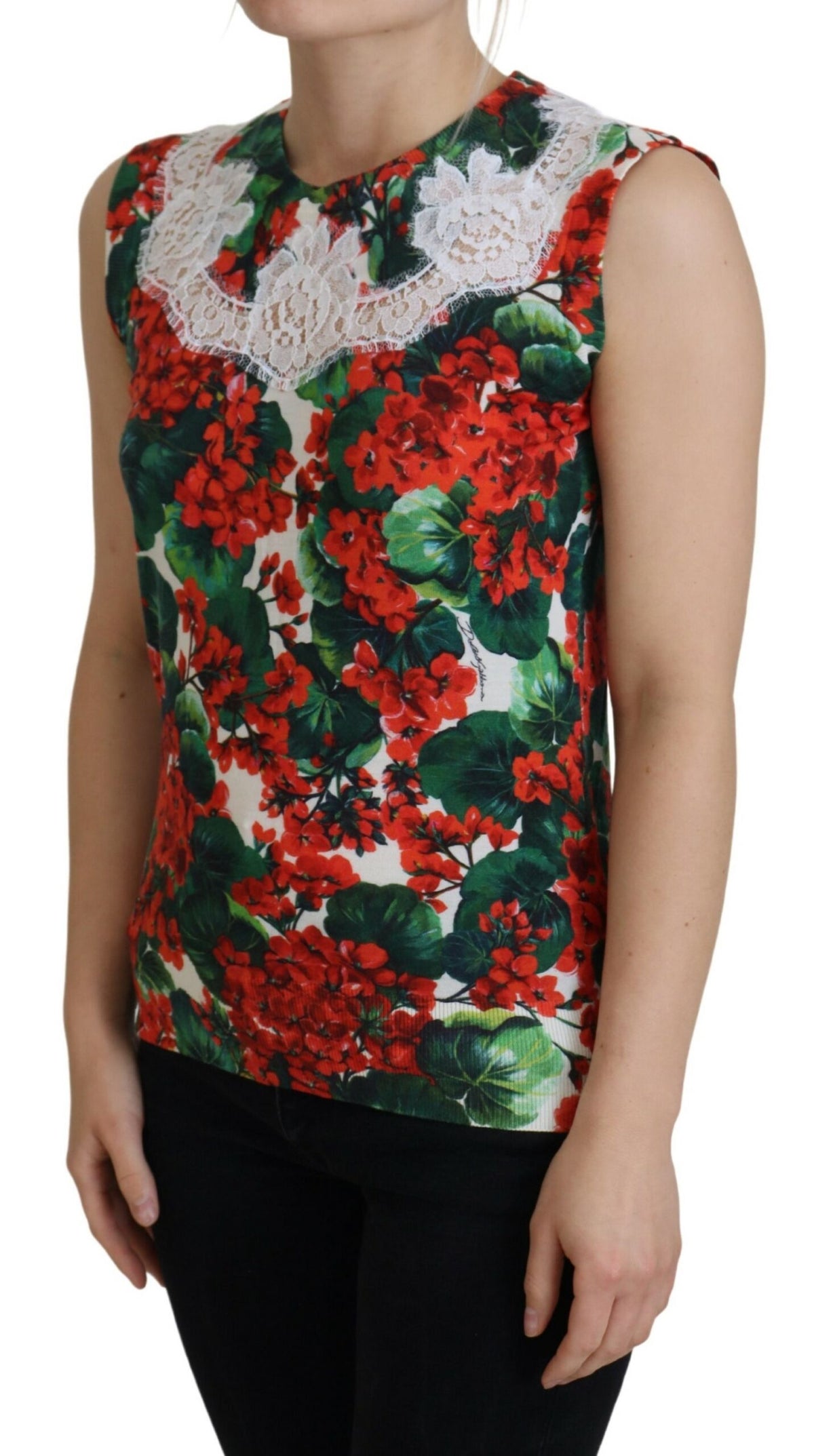 White floral wool lace vest tank top by Dolce & Gabbana with intricate lace detailing and floral embroidery.