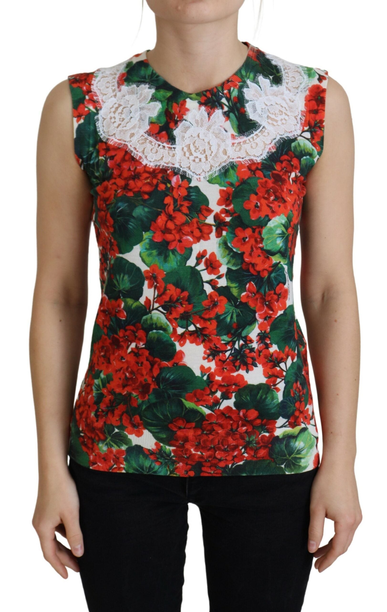 White floral wool lace vest tank top by Dolce & Gabbana, featuring intricate lace patterns and a sleeveless design.