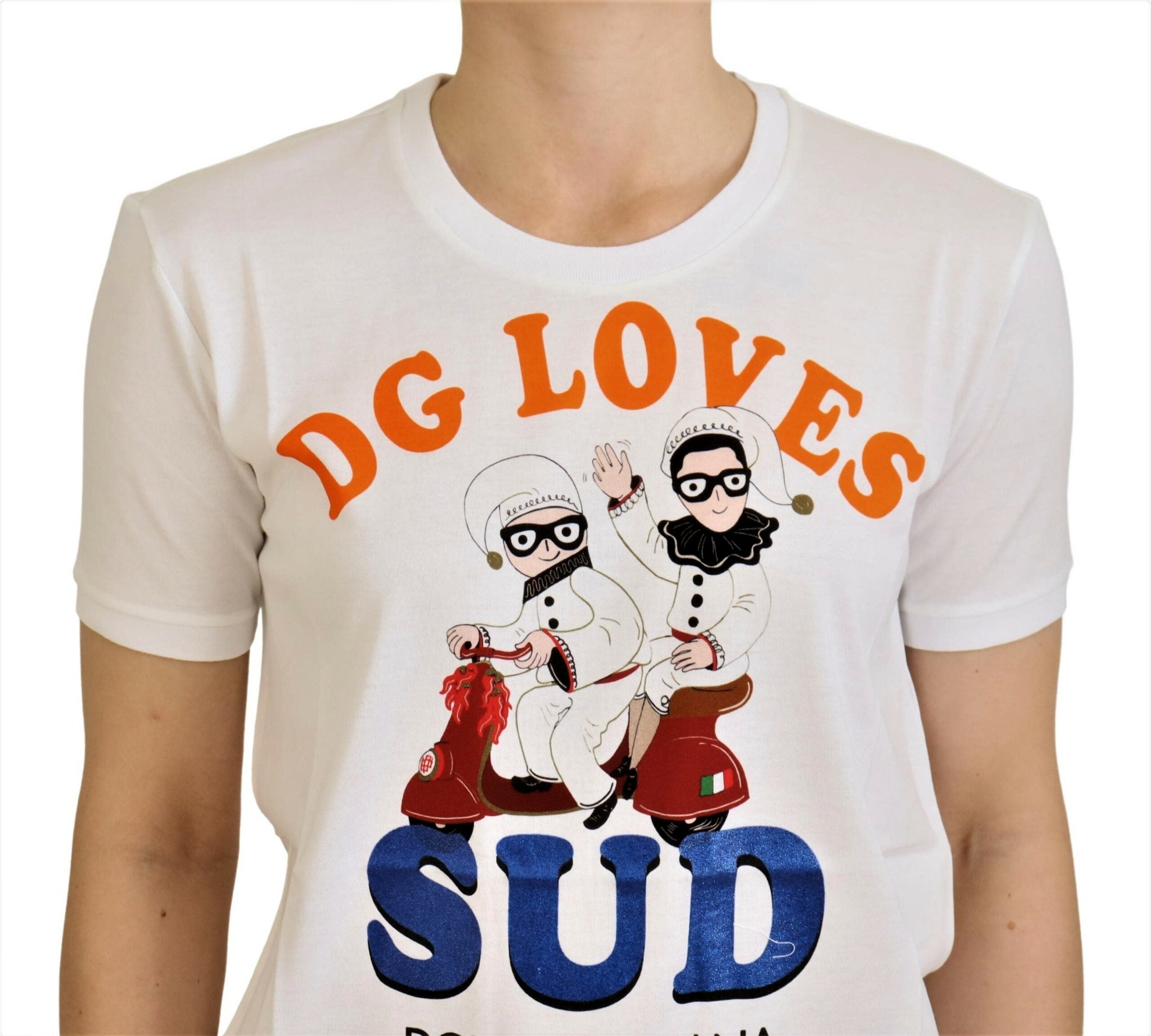 White cotton Dolce & Gabbana DG Loves SUD T-shirt with logo print on front, casual fit, short sleeves, and round neckline.