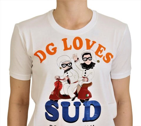 White cotton Dolce & Gabbana DG Loves SUD T-shirt with logo print on front, casual fit, short sleeves, and round neckline.