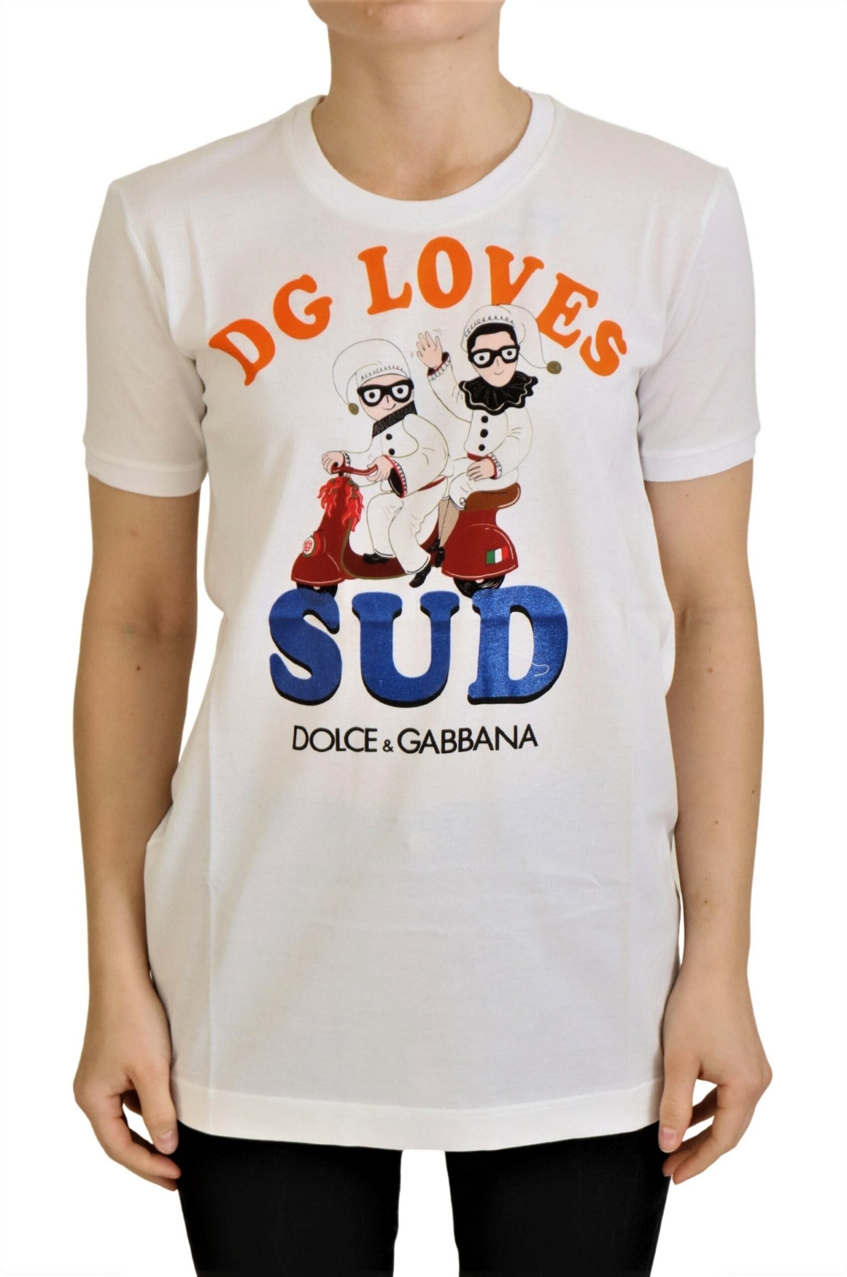 White cotton Dolce & Gabbana DG Loves SUD T-shirt with graphic print, casual fit, and short sleeves.