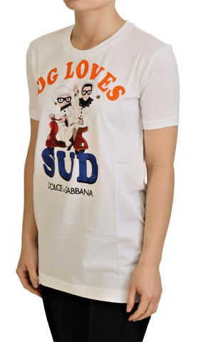 White cotton Dolce & Gabbana DG Loves SUD T-shirt with graphic design and short sleeves, casual and stylish for everyday wear.