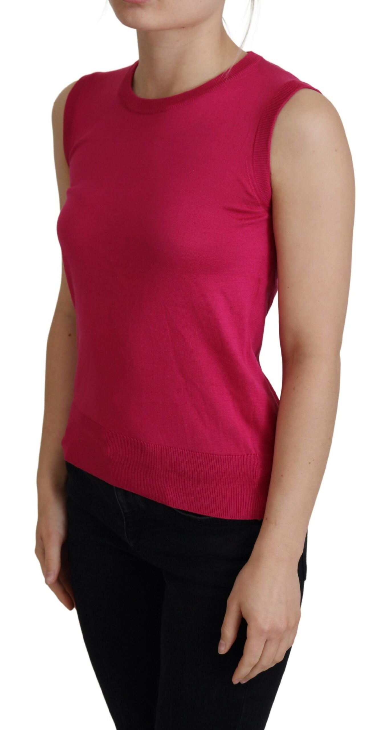 Pink silk vest pullover crewneck tank top by Dolce & Gabbana, featuring smooth silk fabric and a classic sleeveless design.
