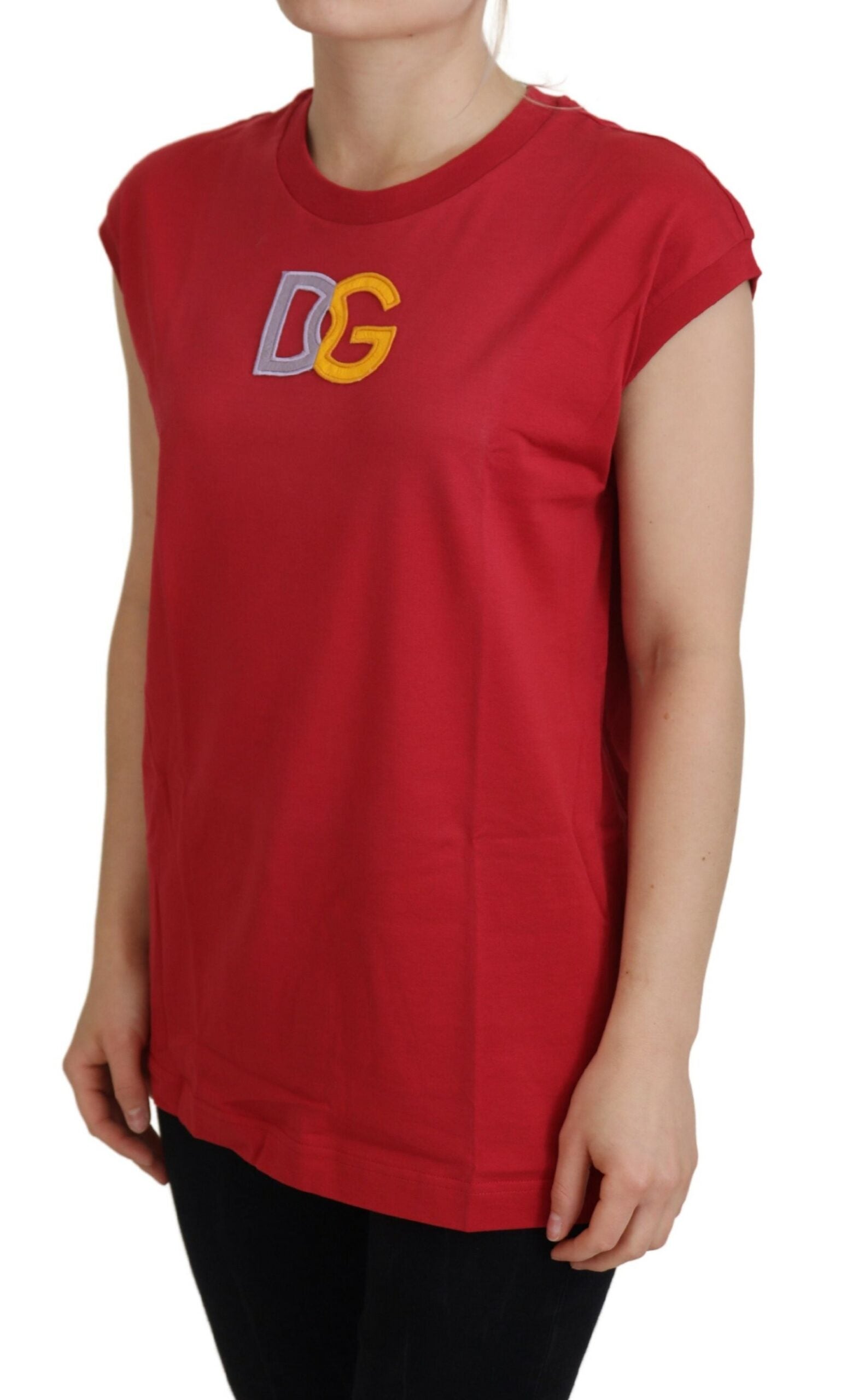 Red cotton Dolce & Gabbana logo tank top T-shirt displayed on a model, featuring a classic sleeveless design and bold branding.