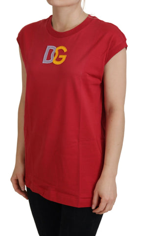 Red cotton Dolce & Gabbana logo tank top T-shirt displayed on a model, featuring a classic sleeveless design and bold branding.