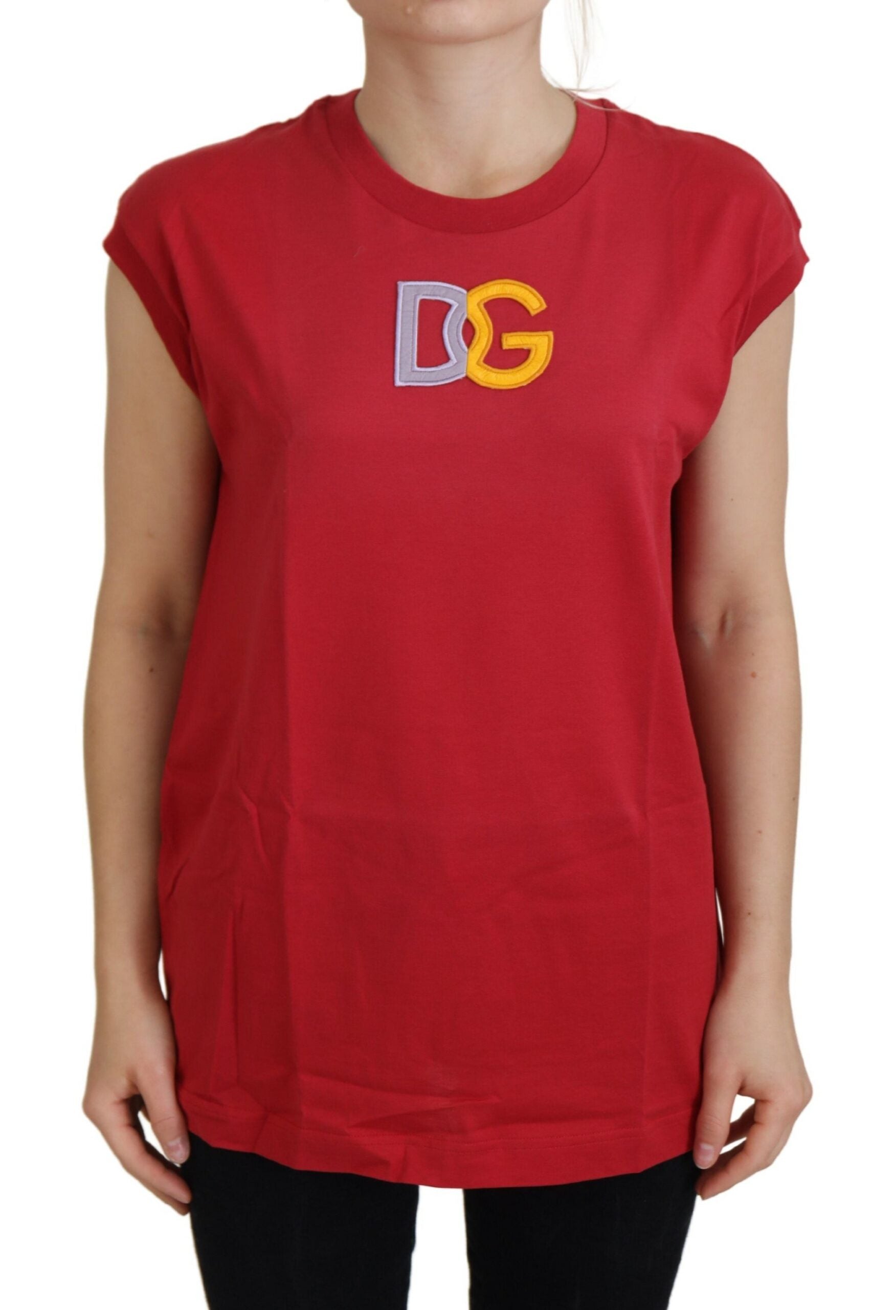Red cotton Dolce & Gabbana logo tank top T-shirt with sleeveless design and bold branding on the front.