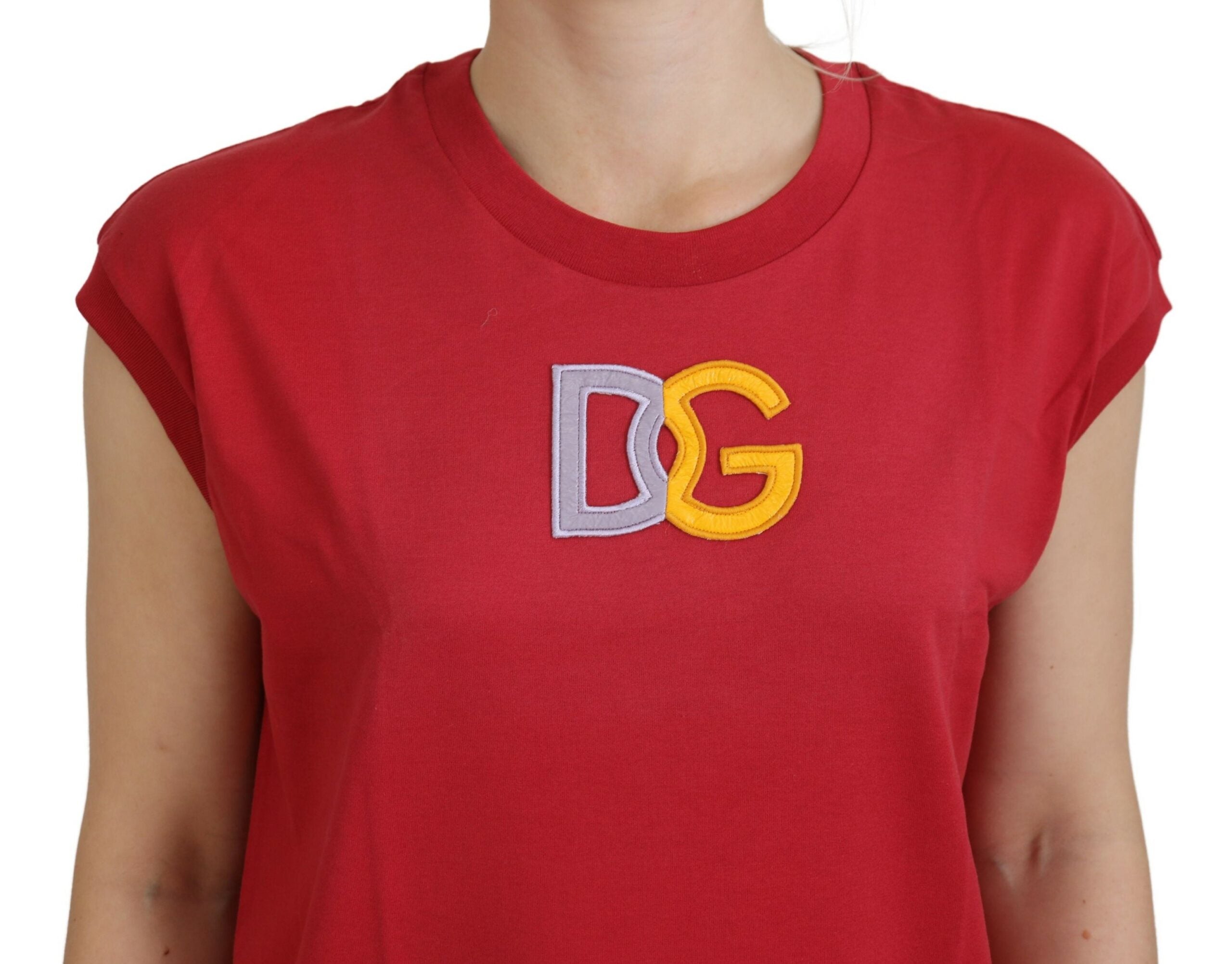 Red cotton Dolce & Gabbana tank top featuring the DG logo, sleeveless design, and casual fit.