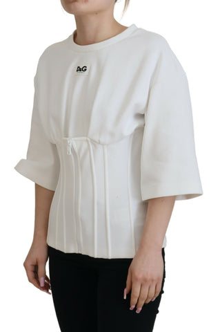 White Dolce & Gabbana cotton corset-style stretch top with fitted design and detailed stitching.