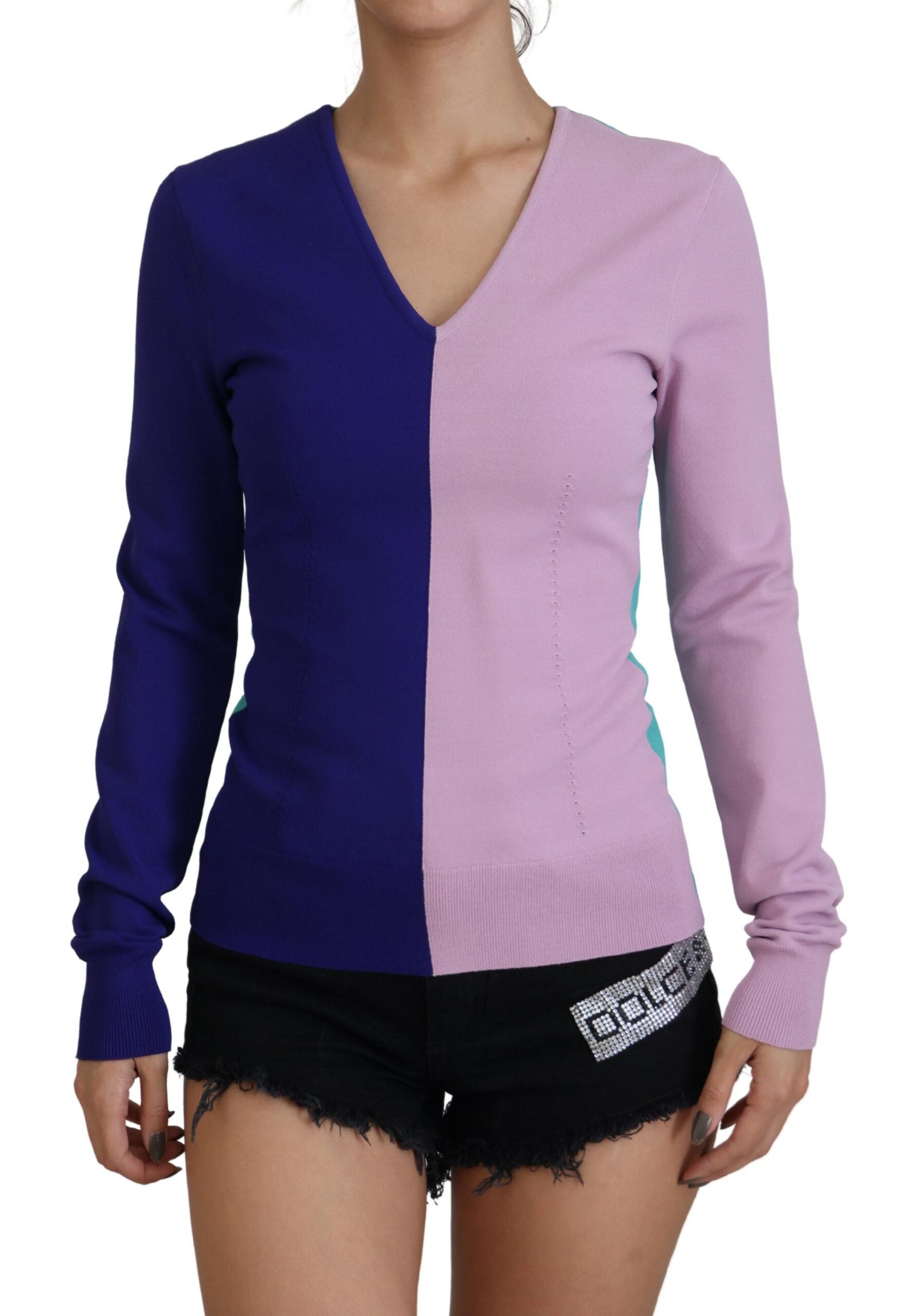 Multicolor V-neck viscose sweater with long sleeves by Dolce & Gabbana, featuring a vibrant, textured knit design.