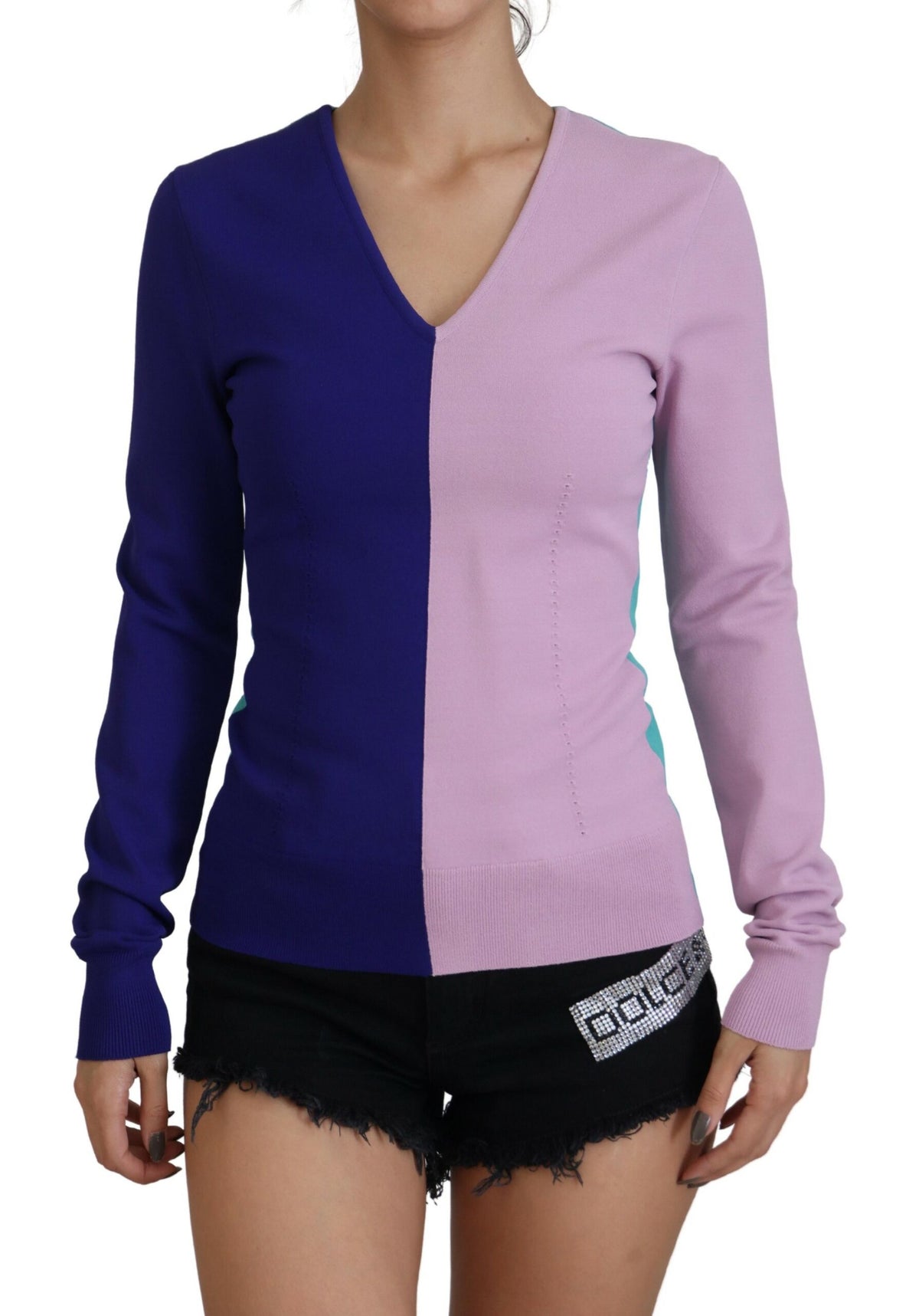 Multicolor V-neck viscose sweater with long sleeves by Dolce & Gabbana, featuring a vibrant, textured knit design.