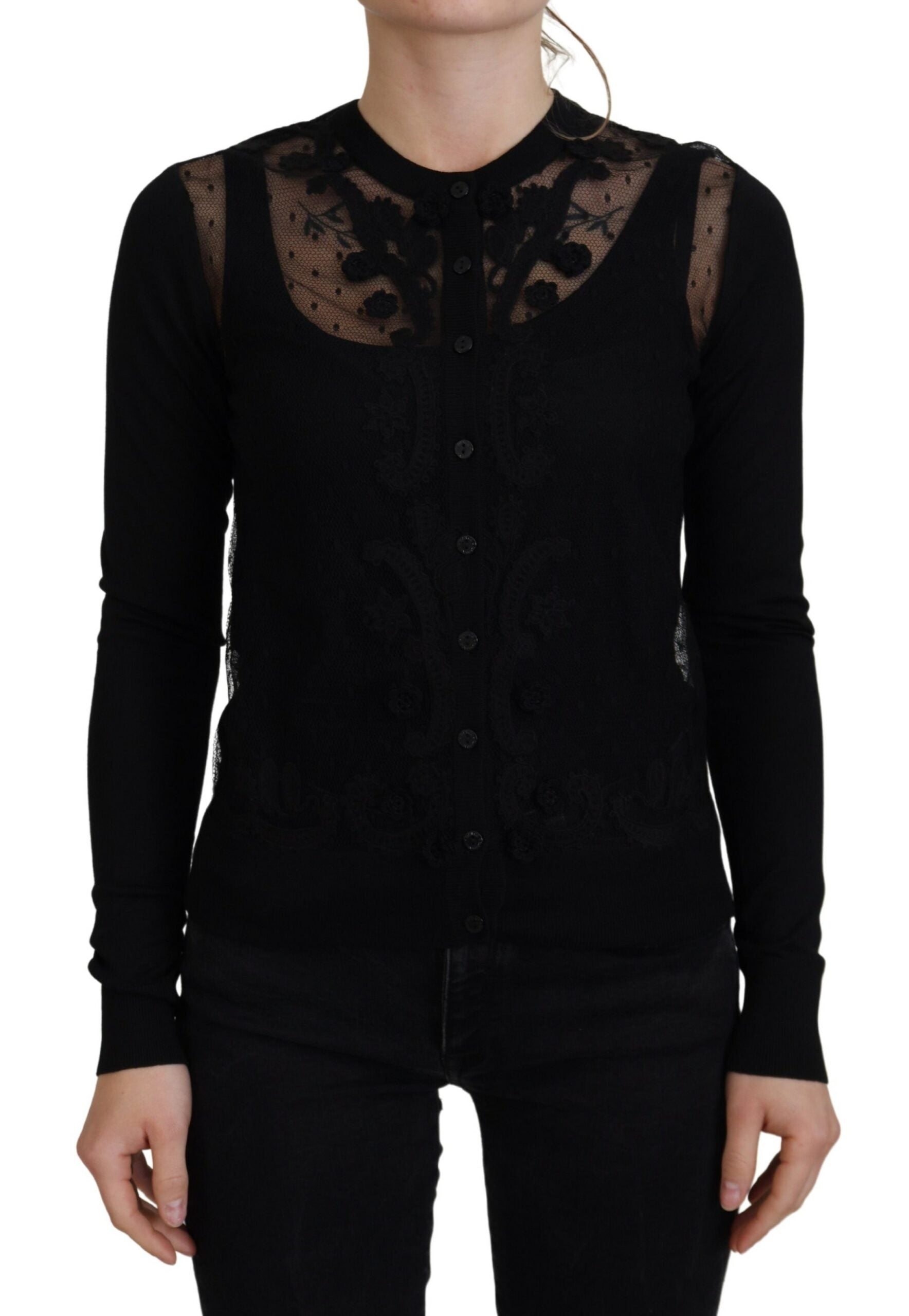 Black floral lace button cardigan sweater by Dolce & Gabbana with intricate lace details and classic button closure.