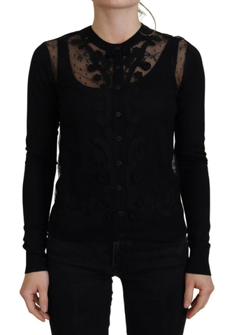 Black floral lace button cardigan sweater by Dolce & Gabbana with intricate lace details and classic button closure.