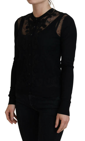 Black floral lace cardigan sweater with buttons by Dolce & Gabbana, featuring intricate lace details and a stylish, feminine design.