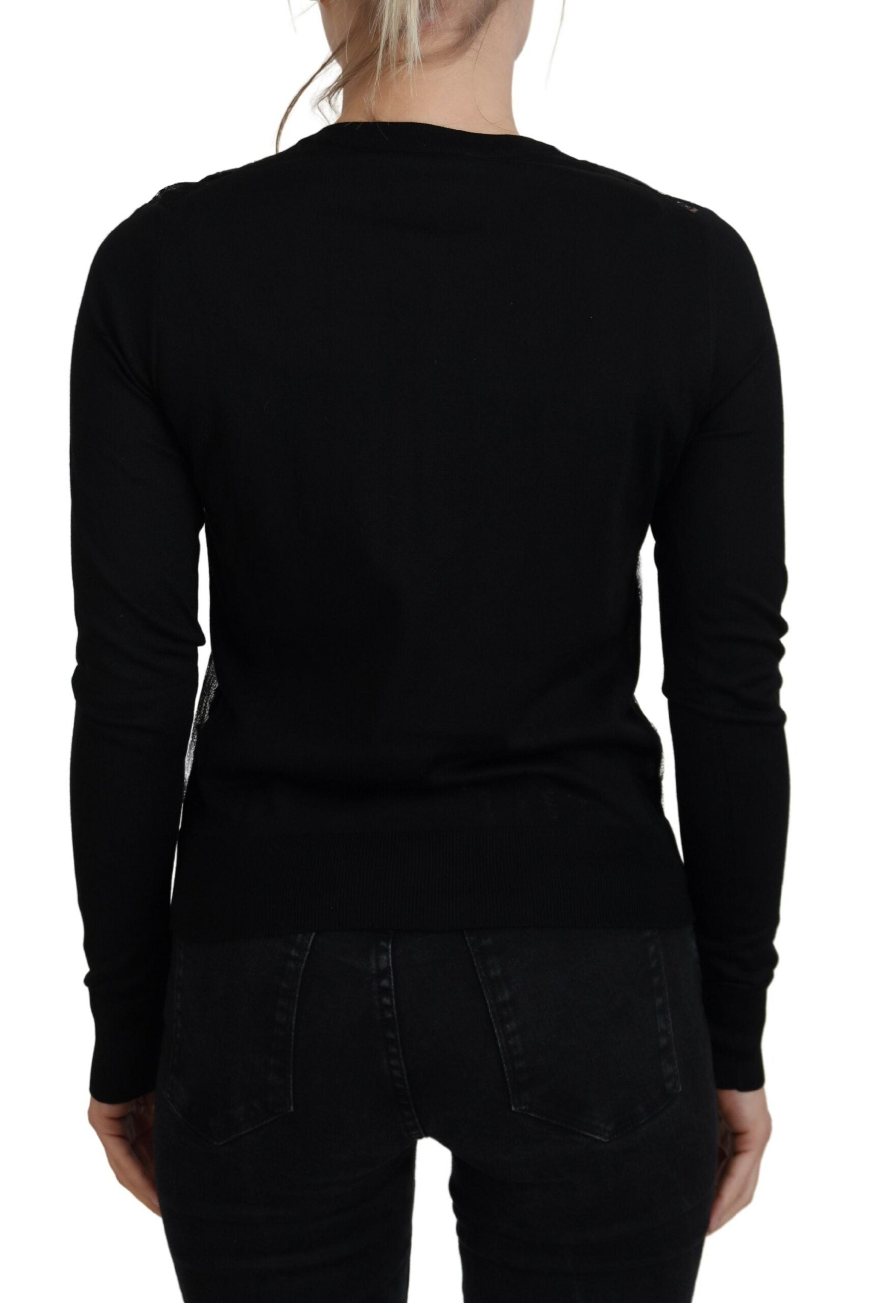 Black floral lace button cardigan sweater by Dolce & Gabbana, featuring delicate lace details and a classic button-front design.