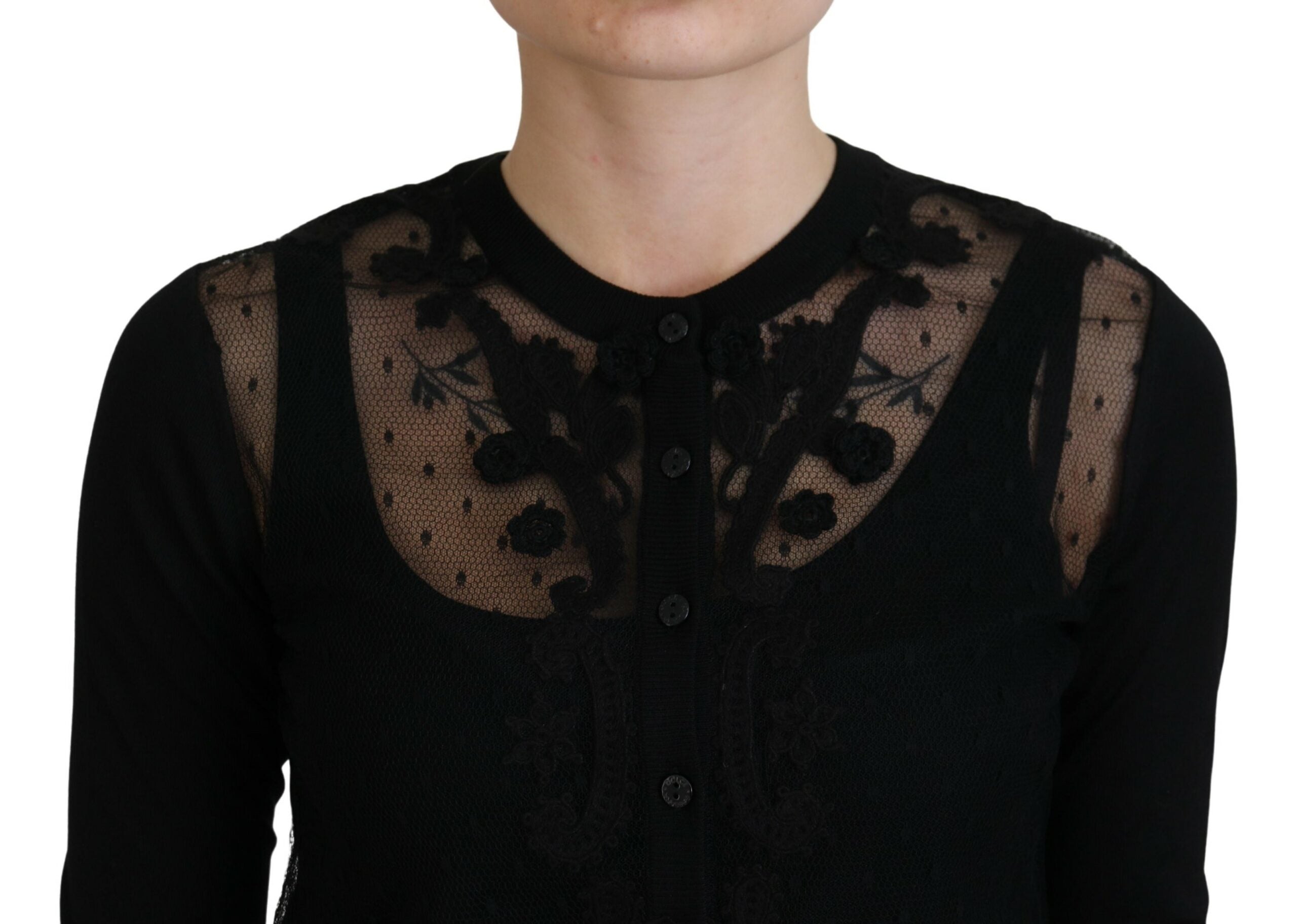 Black floral lace button cardigan sweater by Dolce & Gabbana, featuring delicate lace details and a classic button-up design.