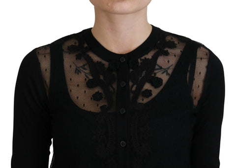 Black floral lace button cardigan sweater by Dolce & Gabbana, featuring delicate lace details and a classic button-up design.