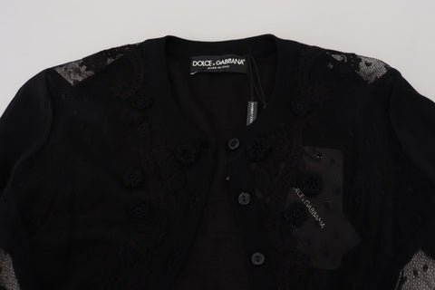 Black floral lace button cardigan sweater by Dolce & Gabbana, featuring intricate lace details and a classic button-up design.