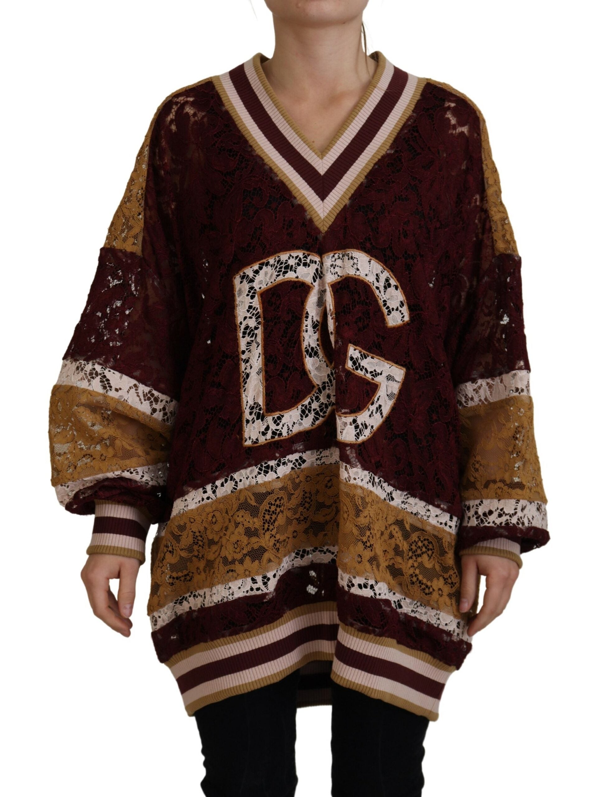 Multicolor lace V-neck pullover sweater by Dolce & Gabbana, featuring intricate lace details and a stylish V-neck design.