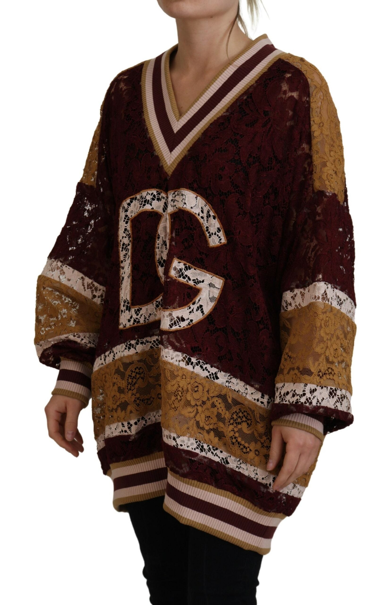 Multicolor lace V-neck pullover sweater by Dolce & Gabbana, featuring intricate lace details and a stylish V-neck design.