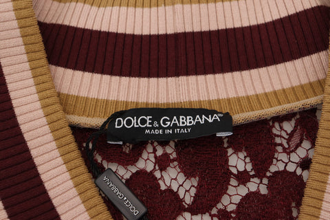 Multicolor lace V-neck pullover sweater by Dolce & Gabbana, featuring intricate lace details and vibrant color accents.