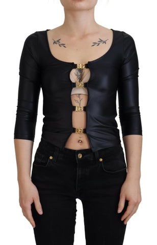 Dolce & Gabbana black cotton stretch open chest 3/4 sleeve top, featuring a stylish design and fitted silhouette.