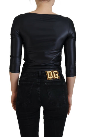 Black cotton stretch open chest 3/4 sleeve top by Dolce & Gabbana, showing the fitted design and stylish neckline.