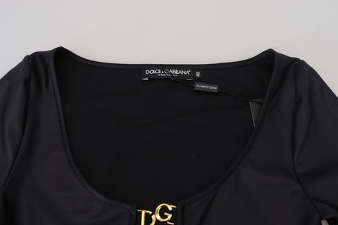 Black cotton stretch open chest 3/4 sleeve top by Dolce & Gabbana, featuring a stylish and fitted design.
