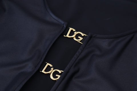 Black cotton stretch open chest 3/4 sleeve top by Dolce & Gabbana, shown with the top partially open at the chest.