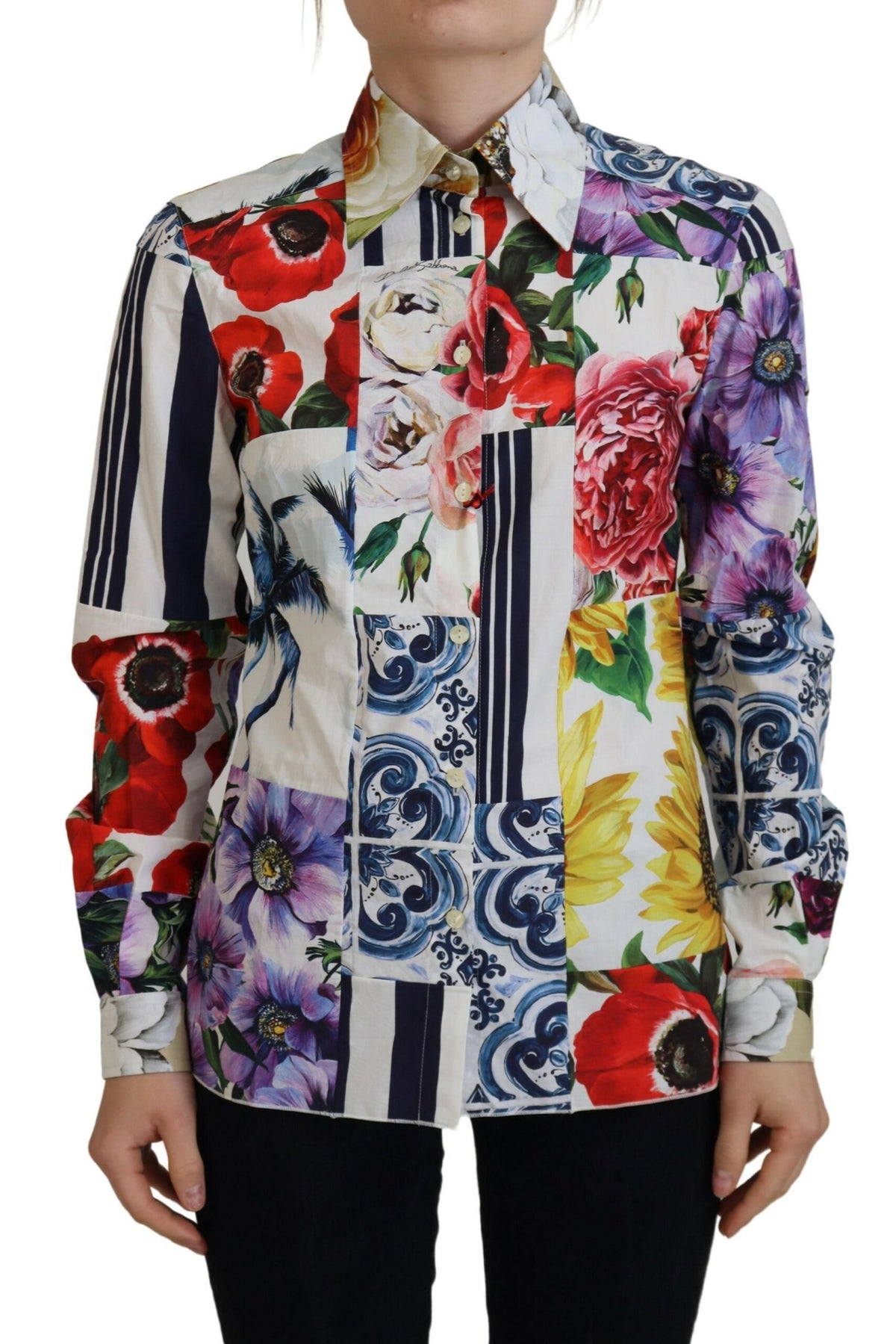 Multicolor floral cotton blouse with a collar from Dolce & Gabbana, featuring vibrant flower patterns and a classic fit.