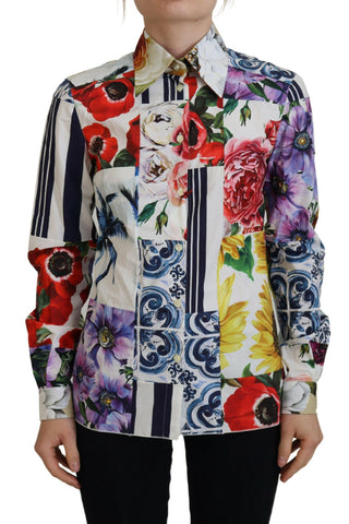 Multicolor floral cotton blouse with a collar from Dolce & Gabbana, featuring vibrant flower patterns and a classic fit.