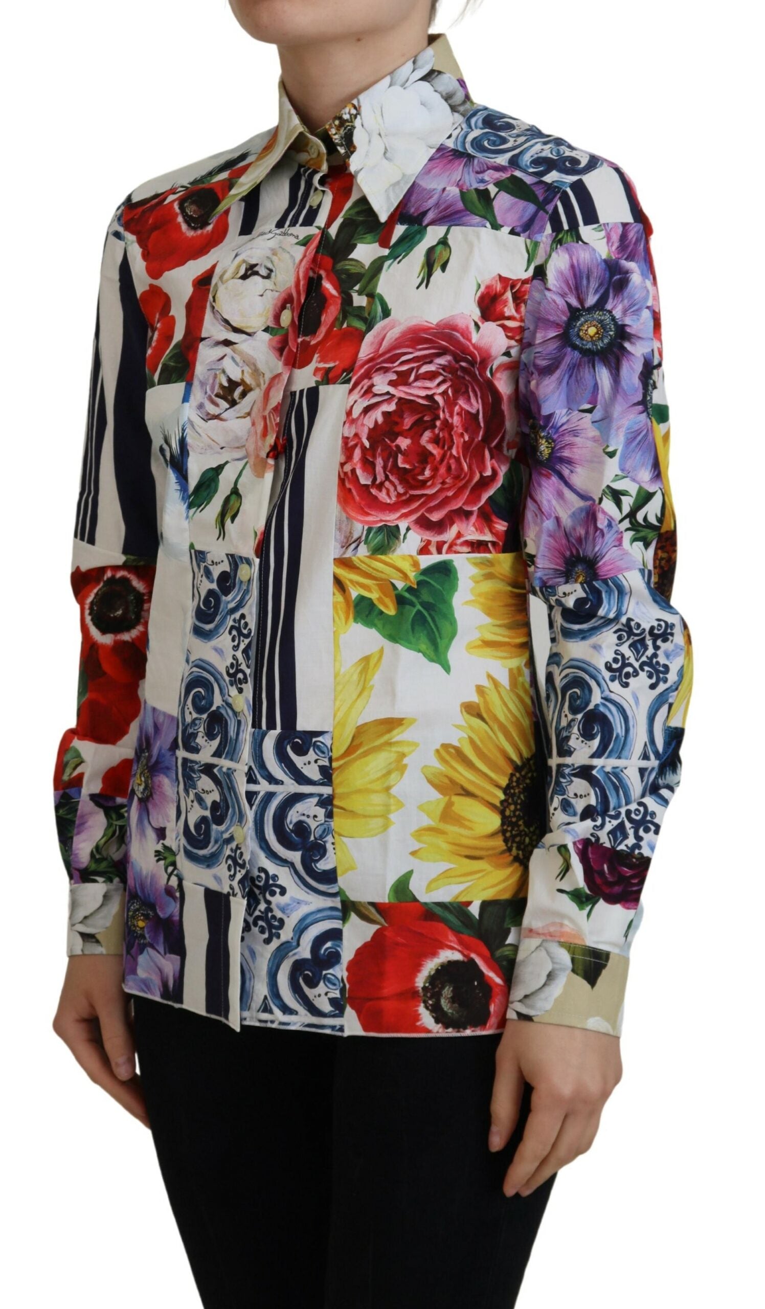 Multicolor floral cotton blouse with a collar from Dolce & Gabbana, featuring a vibrant, patterned design and button-front style.