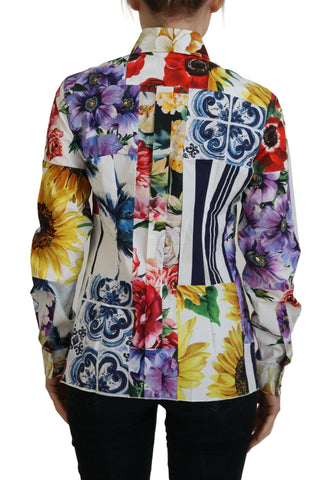 Multicolor floral cotton blouse with collar from Dolce & Gabbana, featuring vibrant flower patterns and a stylish collar design.