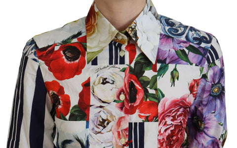 Multicolor floral cotton blouse top with a collar from Dolce & Gabbana, featuring vibrant flower patterns and a tailored fit.