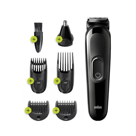 Braun All-In-One Shaver with ergonomic handle and multiple attachments for versatile grooming, displayed in a sleek design.