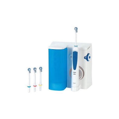 Oral B Oxyjet Professional Dental Irrigator with water jet and adjustable nozzle, used for oral hygiene and gum care.