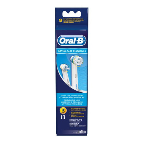 Orthocare Essentials 3-pack of oral health products by Oral-B, featuring toothbrushes with ergonomic handles and orthodontic-friendly design.