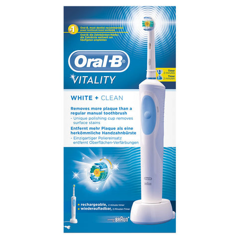 Oral-B Vitality Crossaction electric toothbrush with white and blue design, suitable for effective at-home dental cleaning.