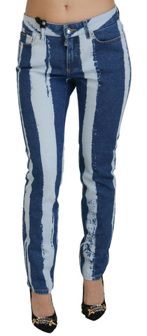 Cobalt blue Dolce & Gabbana skinny denim cotton jeans with white stripe details, close-up of fitted style and classic five-pocket design.