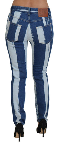 Cobalt blue striped skinny denim cotton jeans by Dolce & Gabbana, showing close-up of the fitted design and striped pattern.